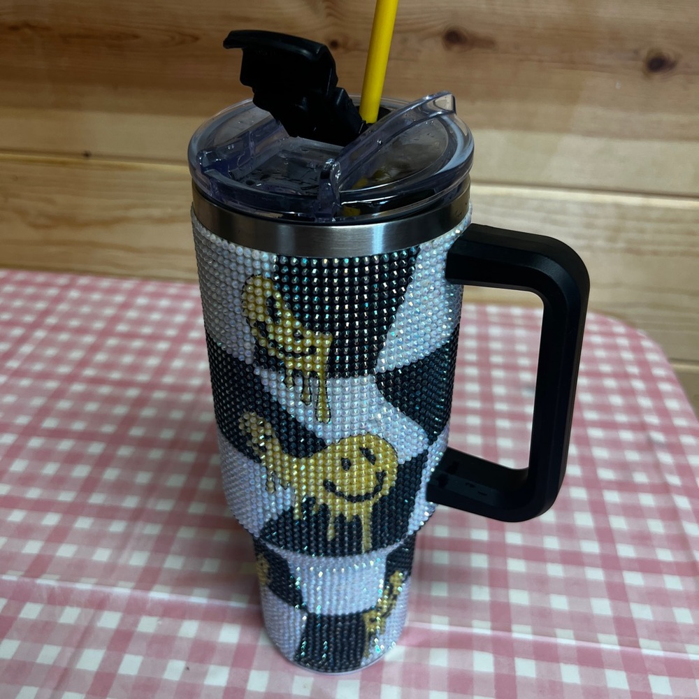 40oz Rhinestone Drip Smiley Tumbler - Black, White & yellow.